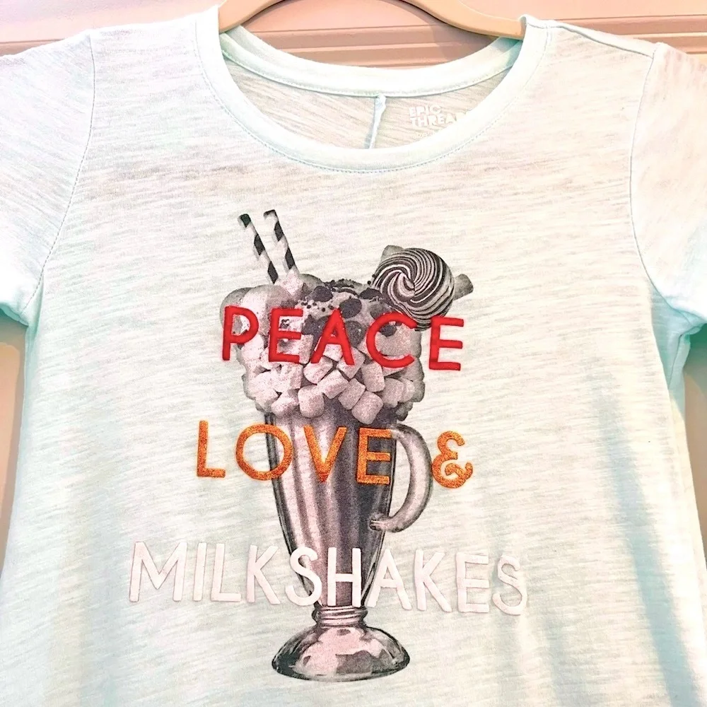 EPIC THREADS Girls Mint Green Tunic Tee Peace Love Milkshakes Long Sleeve Top M